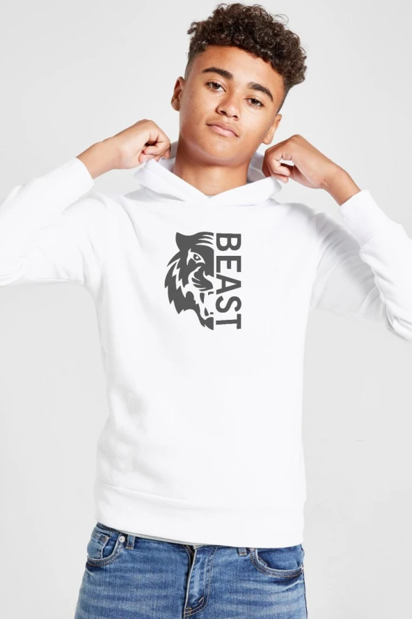 Mr Beast Half Face Beyaz Çocuk 3ip Kapşonlu  Sweatshirt ürün görseli 1