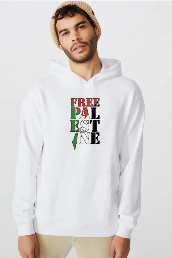 Free Palestine Beyaz Erkek 3ip Kapşonlu  Sweatshirt ürün görseli 1