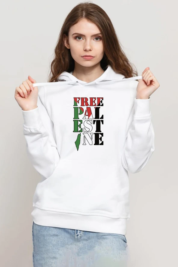 Free Palestine Beyaz Kadın 3ip Kapşonlu Sweatshirt ürün görseli 1