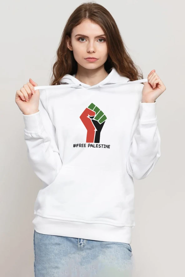 Hand Free Palestine Beyaz Kadın 3ip Kapşonlu Sweatshirt ürün görseli 1