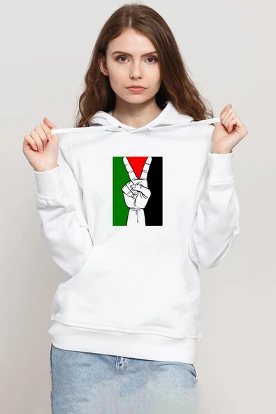 Free Hand Palestine Flag Beyaz Kadın 3ip Kapşonlu Sweatshirt ürün görseli 1