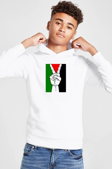 Free Hand Palestine Flag Beyaz Çocuk 3ip Kapşonlu  Sweatshirt ürün görseli 1