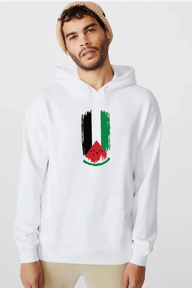 Watermelon Palestine Flag Beyaz Erkek 3ip Kapşonlu  Sweatshirt ürün görseli 1