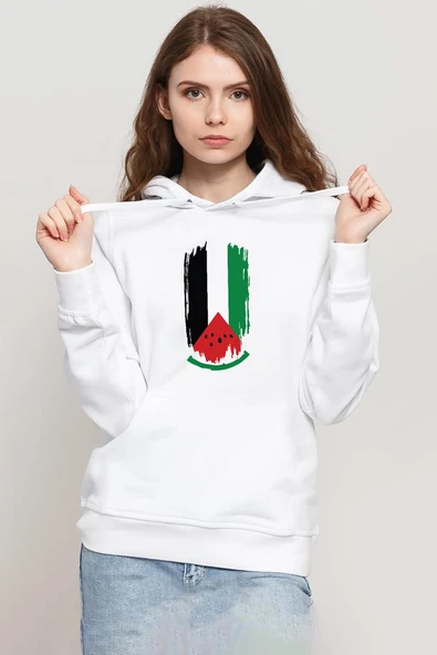 Watermelon Palestine Flag Beyaz Kadın 3ip Kapşonlu Sweatshirt ürün görseli 1