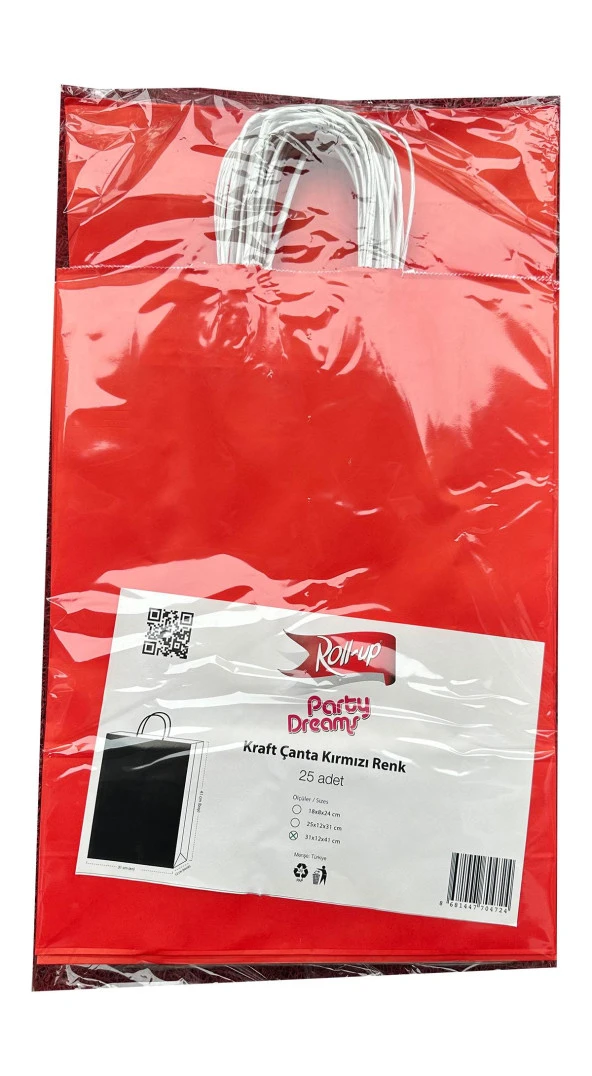 Büküm Saplı Kraft Kağıt Çanta Karton Hediyelik Poşet Torba - Kırmızı - 31x41 Cm. - 25 Adetlik 2Paket ürün görseli 1