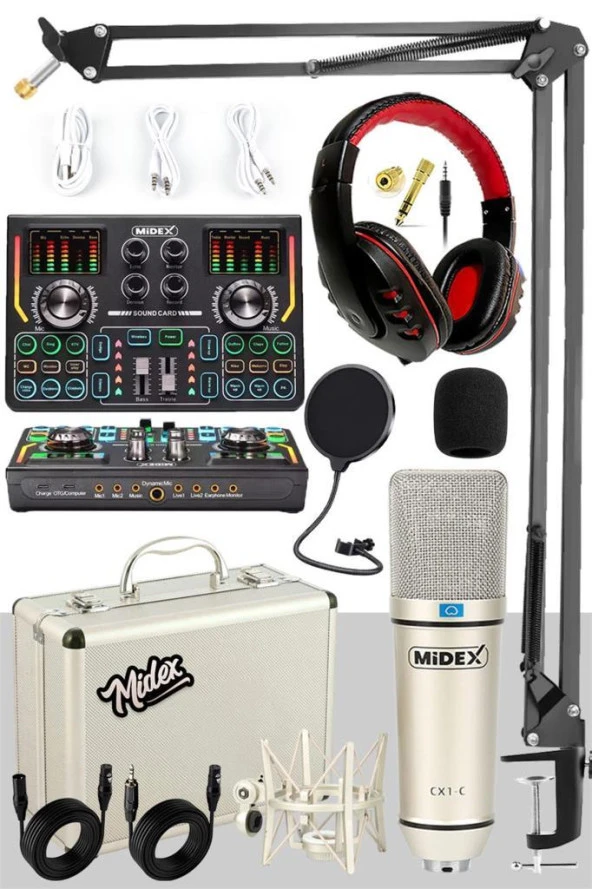 Midex CX1 Titanium Set Efektli Ses Kartı Mikrofon Kulaklık Stand Kayıt Canlı Yayın (PC ve Telefon) ürün görseli 1