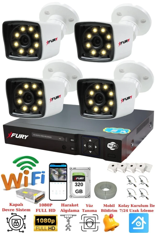 FURY 4 Kamera 5mp Lens 1080p 2mp Color Görüntü 8 Warm Led Gece Görüş FullHd Güvenlik Kamera Sistemi 5525W 320GB ürün görseli 1