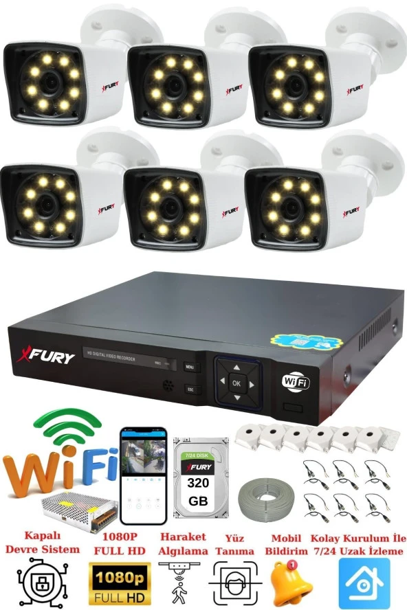 FURY 6 Kamera 5mp Lens 1080p 2mp Color Görüntü 8 Warm Led Gece Görüş FullHd Güvenlik Kamera Sistemi 5525W 320GB ürün görseli 1