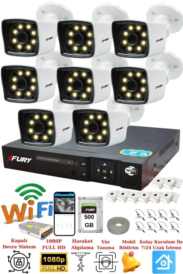 FURY 8 Kameralı 5mp Lens 1080p 2mp Color Görüntü 8 Warm Led Gece Görüş FullHd Güvenlik Kamera 5525W 500GB ürün görseli 1