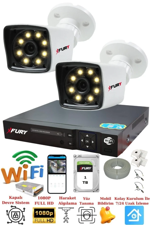 FURY 2 Kameralı 5mp Lens 1080p 2mp Color Görüntü 8 Warm Led Gece Görüş FullHd Güvenlik Kamera 5525W 1TB ürün görseli 1