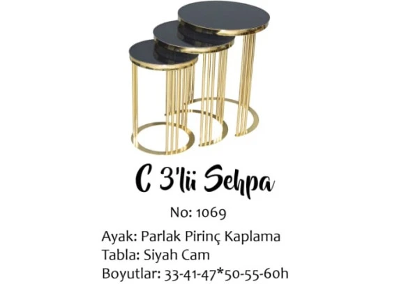 Brc zigon 14063 C model 3 lü Düz Siyah TEMPER cam Metal GOLD Renk Kaplama Elyapım ürün görseli 1