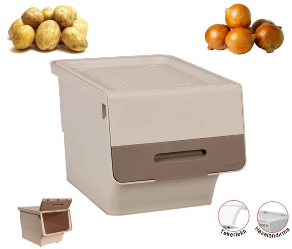 Motek Patateslik Soğanlık Tekerlekli Organizer Çok Amaçlı Saklama Kutusu 1X33 Lt Açık kahve+Krem ürün görseli 1