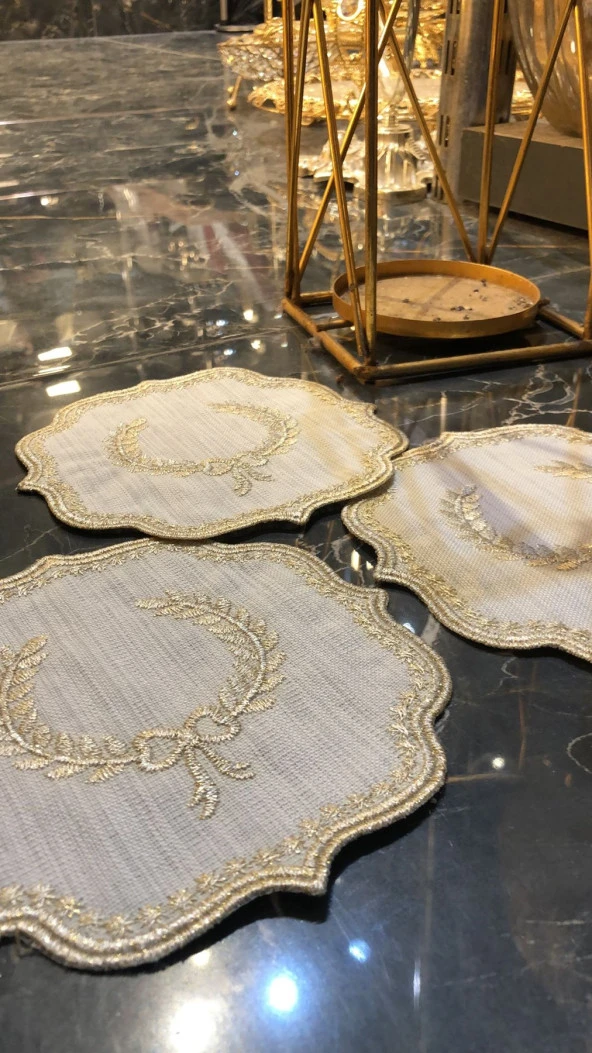 Arma Krem Gold  6lı Linen Keten Kahve Yanı Kokteyl Sunum Parti Peçetesi Nakış Işlemeli Sunumluk ürün görseli 1