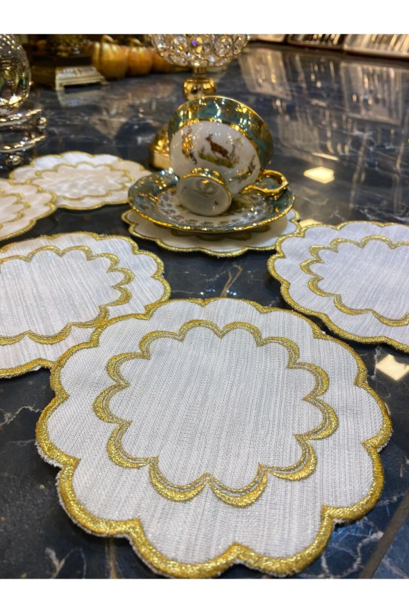 Galaxy Gold 6lı Linen Keten Kahve Yanı Kokteyl Sunum Parti Peçetesi Nakış Işlemeli Sunumluk ürün görseli 1