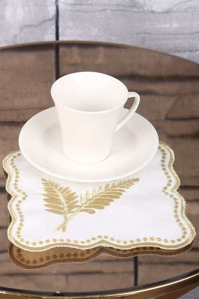 Palmiye Yaprak Gold 6lı Linen Keten Kahve Yanı Kokteyl Sunum Parti Peçetesi Nakış Işlemeli Sunumluk ürün görseli 1