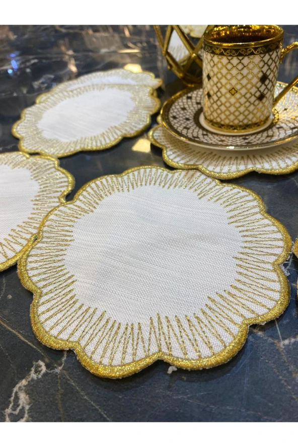 Shems Gold 6lı Linen Keten Kahve Yanı Kokteyl Sunum Parti Peçetesi Nakış Işlemeli Sunumluk ürün görseli 1