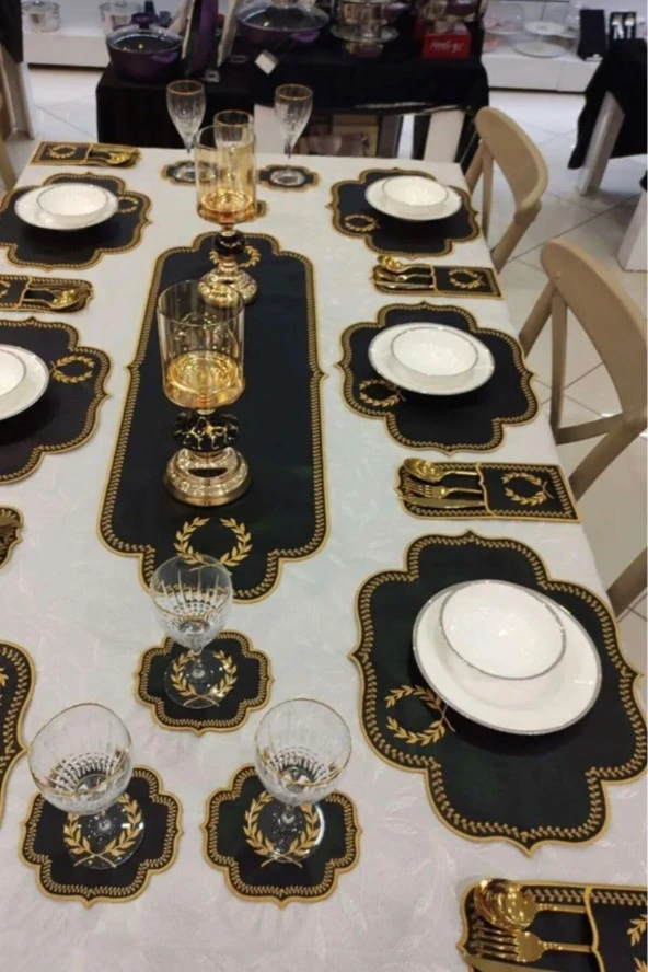 Başak Siyah Gold 8 Kişilik 25 Parça Masa Örtüsü Nakışlı Deri Runner Seti Yemek Sunum Takımı ürün görseli 1