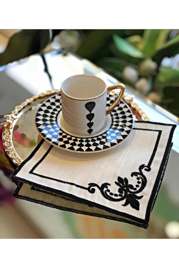 Köşeli Siyah 6lı Linen Keten Kahve Yanı Kokteyl Sunum Parti Peçetesi Nakış Işlemeli Sunumluk ürün görseli 1
