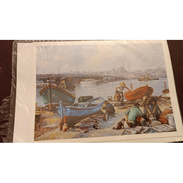 Famous Turkish Painters - Ünlü Türk Ressamları HÜSEYİN CAHİT DERMAN  Galata Köprüsü ürün görseli 1