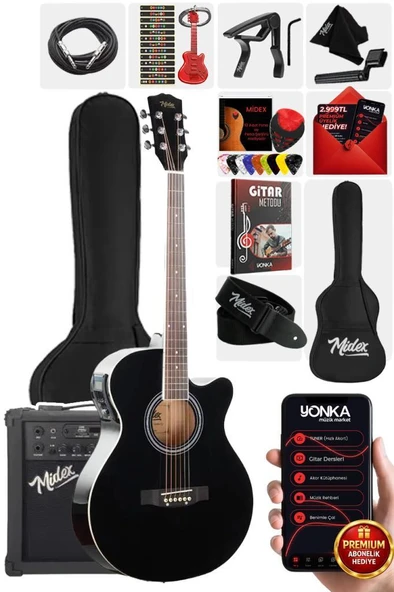 Midex XC-300XBK-AMP Profesyonel AMFİLİ Siyah Elektro Akustik Gitar (Amfi Çanta Capo Askı Jak Kablo Pena) ürün görseli 1