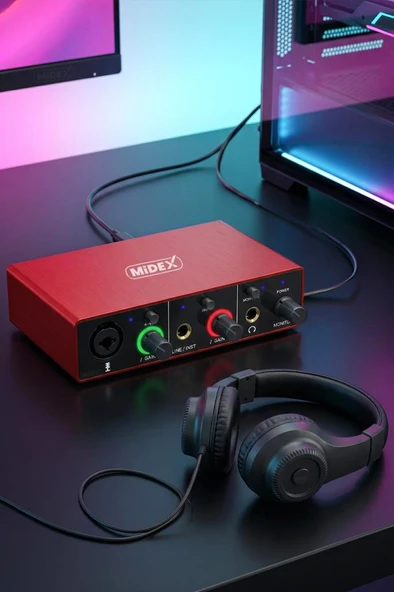 Midex GLX-500 PRO-HD 2 Giriş 2 Çıkış USB Stüdyo Ses Kartı Kulaklık ve XLR Kablo ürün görseli 1