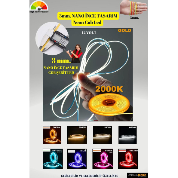 3mm. Nano Ince Neon Cob Şerit Led/ Ince Tasarım/ 5 Metre Rulo /1 Metrede 384 Led Bright Chip ürün görseli 1