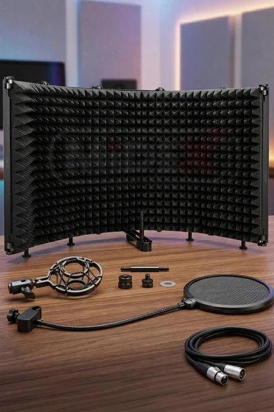 Midex PF-43PS Mikrofon Ses Yalıtım Paneli 5 Bölümlü Ayaklı 69x26cm (Filtre Sünger Shock Mount Kablo Hediye) ürün görseli 1