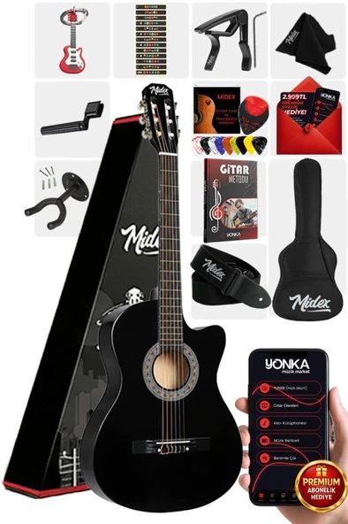 Midex CG-390BK-XBAG Siyah Klasik Gitar 4/4 Sap Ayarlı Kesik Kasa Full Set (Çanta Askı Capo Pena) ürün görseli 1