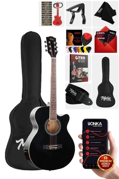 Midex XC-200BK Kesik Kasa Siyah Akustik Gitar 4/4 Yetişkin Üst Segment (Çanta Capo Askı Pena) ürün görseli 1