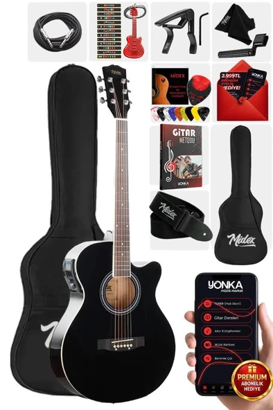Midex XC-300XBK-EQ Profesyonel Siyah Elektro Akustik Gitar 4/4 Yetişkin Üst Segment (Çanta Capo Askı Jak Kablo Pena) ürün görseli 1