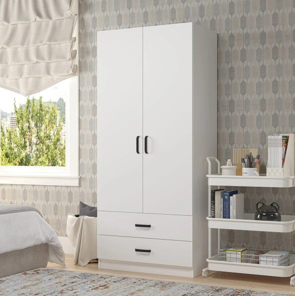 Midoser Yaman 80 Cm Mat Beyaz 2 Kapaklı 2 Çekmeceli Elbise Dolabı - Gardırop ürün görseli 1