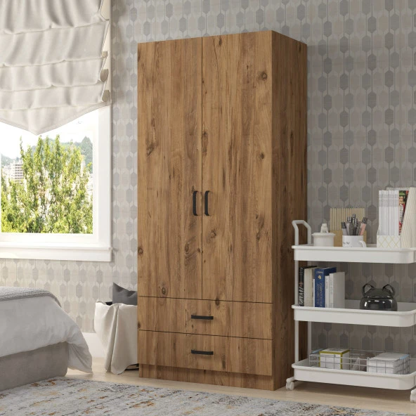 Midoser Yaman 80 Cm Atlantik Çam 2 Kapaklı 2 Çekmeceli Elbise Dolabı - Gardırop ürün görseli 1