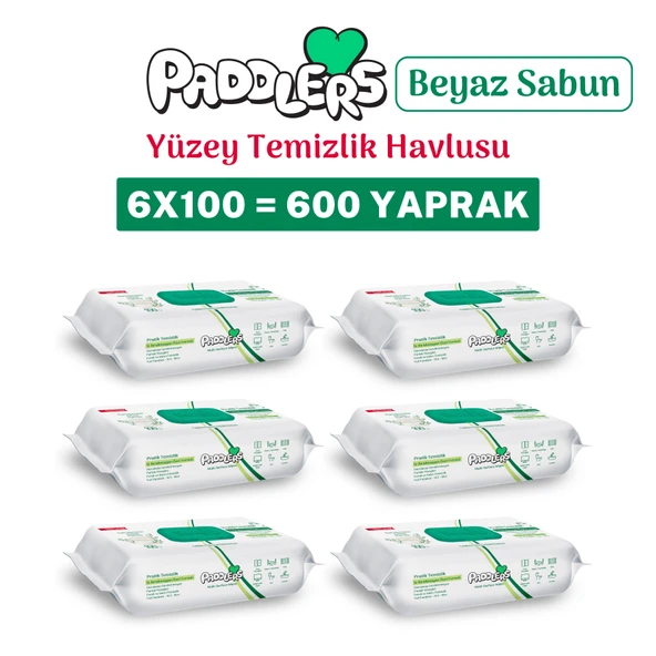 Paddlers Easy Clean Beyaz Sabun Katkılı Yüzey Temizlik Havlusu 6x100 (600 Yaprak) ürün görseli 1