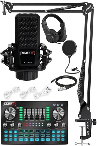 Midex MX-2020 Diamond Set Efektli Ses Kartı Mikrofon Kulaklık Stand Kayıt Canlı Yayın Seti (PC ve Telefon) ürün görseli 1