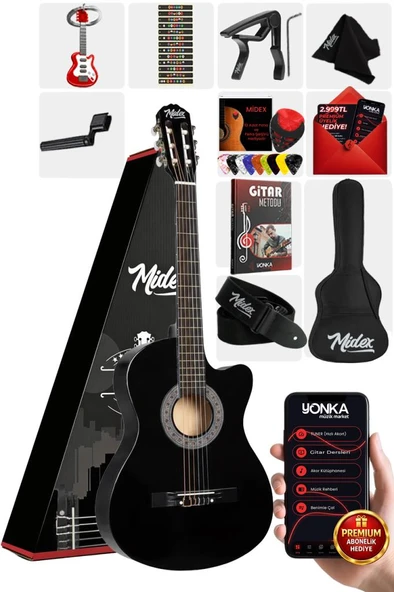 Midex CG-395BK Siyah Klasik Gitar 4/4 Sap Ayarlı Kesik Kasa Full Set (Çanta Askı Pena) ürün görseli 1