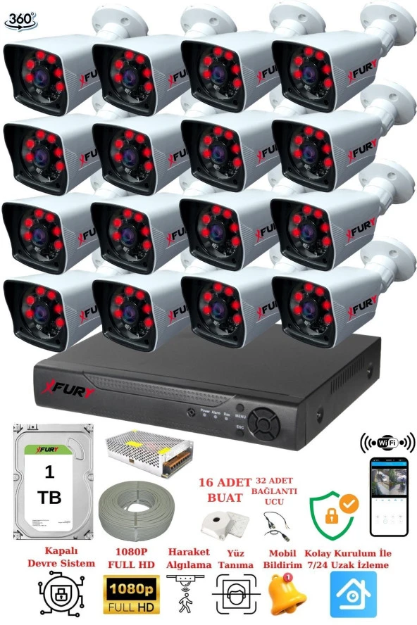 FURY 16 Kameralı 5mp Lensli 1080P 2mp Görüntü 6 Atom Gece Görüşlü FullHd Güvenlik Kamerası 5525A 1 TB ürün görseli 1