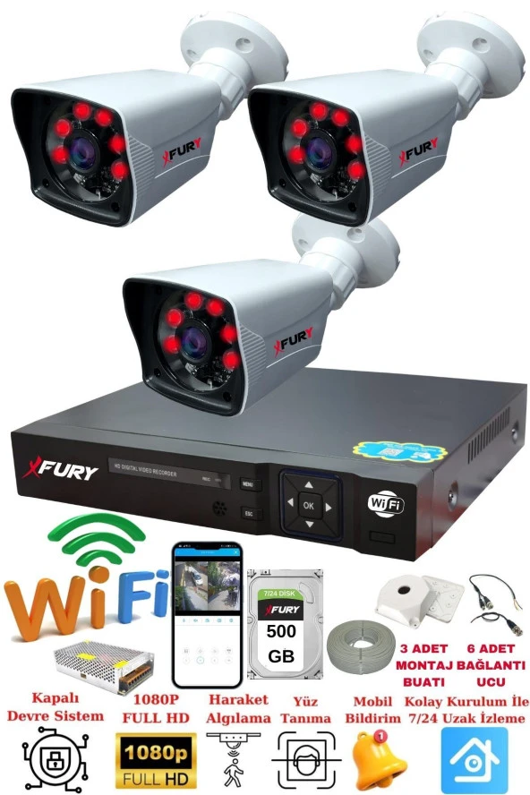 FURY 3 Kameralı 5mp Lensli 1080P 2mp Görüntü 6 Atom Gece Görüşlü FullHd Güvenlik Kamerası 5525A 500GB ürün görseli 1