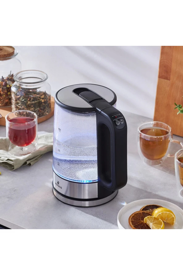 Karaca Aşını Isı Koruma 5 kademeli Sıcaklık Ayarlı ve Led Işıklı Cam Su Isıtıcısı & kettle 2200W ürün görseli 1