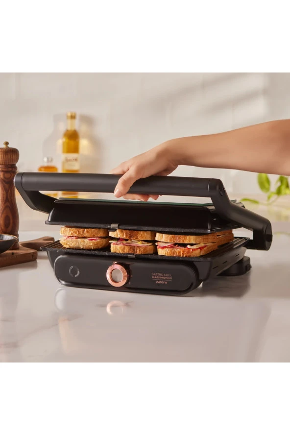 Karaca Premium Gastro Grill Döküm Plaka Yanmaz Yapışmaz , Cam Üst Yüzey Tost Makinesi Black 2400W ürün görseli 1