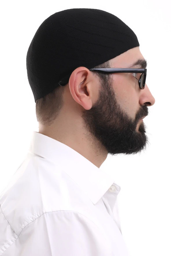 Siyah Kışlık Çapraz Desenli Dokuma Takke - Resim 4