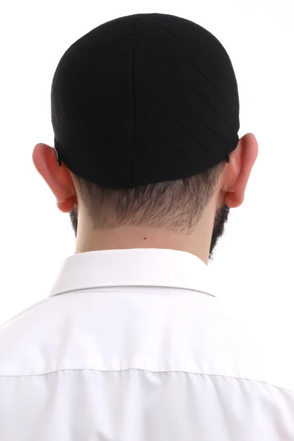 Siyah Kışlık Çapraz Desenli Dokuma Takke - Resim 6