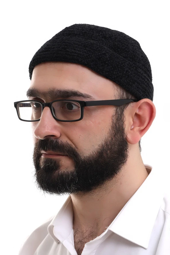 Siyah Katlamalı Sade Desen Kışlık Kadife Takke Şapka ürün görseli 1