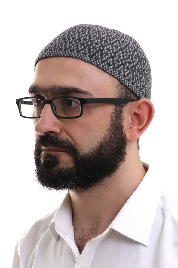 Açık Gri Kışlık Orlon Namaz Takkesi Baklava Desenli Takke ürün görseli 1