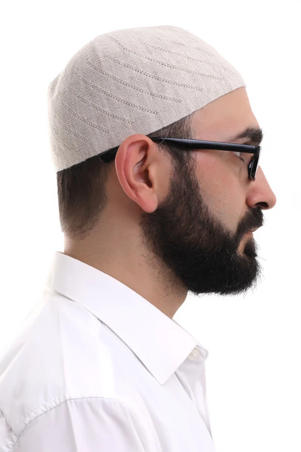 Krem Kışlık Çapraz Desenli Dokuma Takke - Resim 4