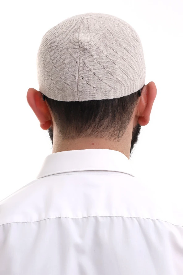 Krem Kışlık Çapraz Desenli Dokuma Takke - Resim 6