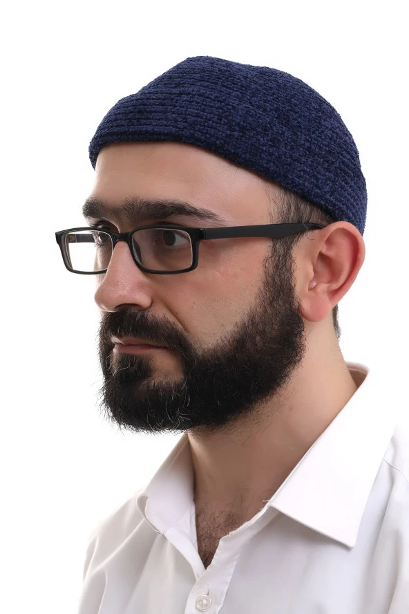 Lacivert Katlamalı Sade Desen Kışlık Kadife Takke Şapka ürün görseli 1