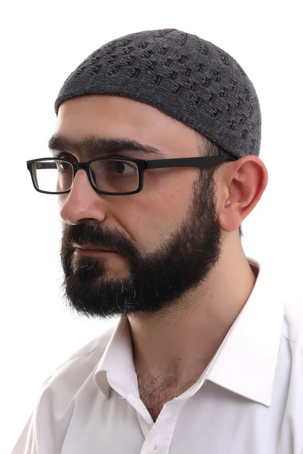 Füme Kahve Hasır Desen Kışlık Kadife Namaz Takkesi ürün görseli 1