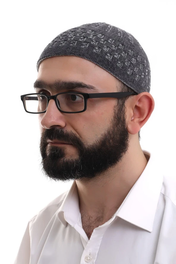 Füme Gri Hasır Desen Kışlık Kadife Namaz Takkesi ürün görseli 1