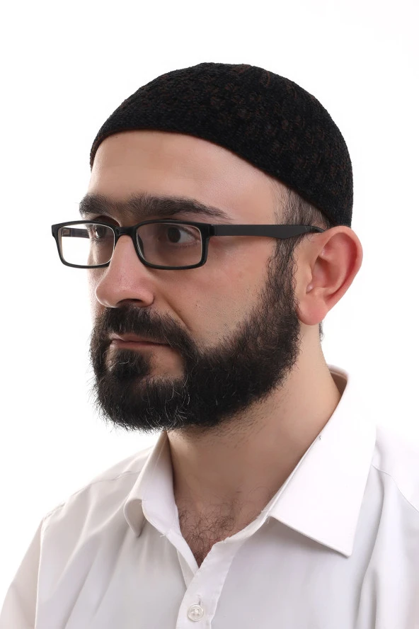 Siyah Kahve Hasır Desen Kışlık Kadife Namaz Takkesi ürün görseli 1