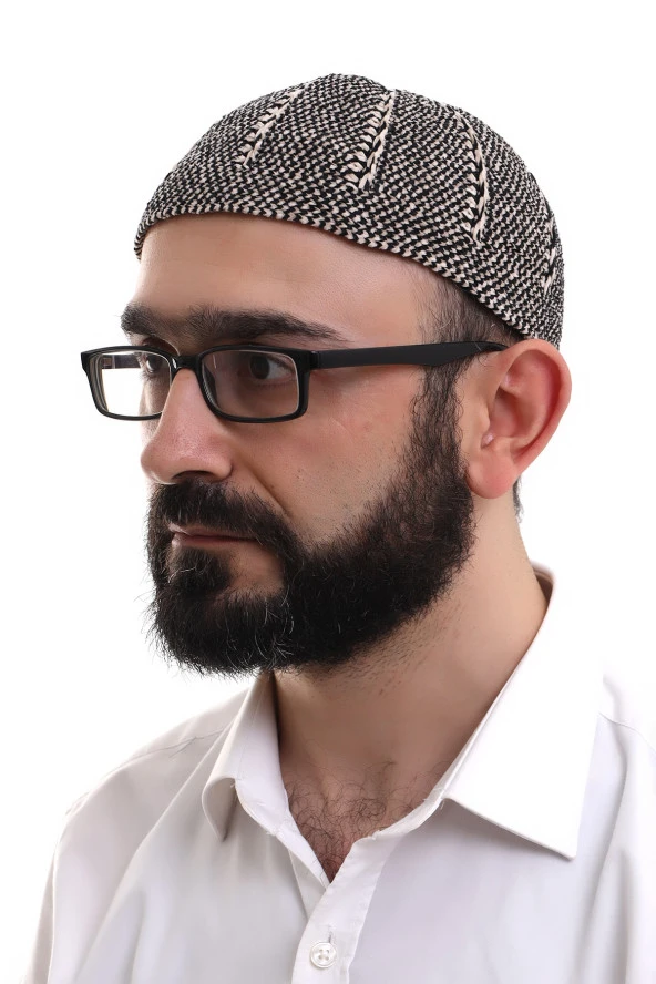 Siyah Taş Kışlık Çift Renk Kadife Namaz Takkesi ürün görseli 1